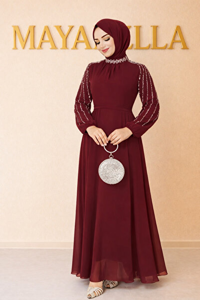 MayaBella Kolları İşlemeli Tesettür Abiye Bordo