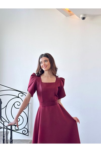 BEYZATURAN Olen burgundy short sleeve maxi length flared skirt dress evening dress