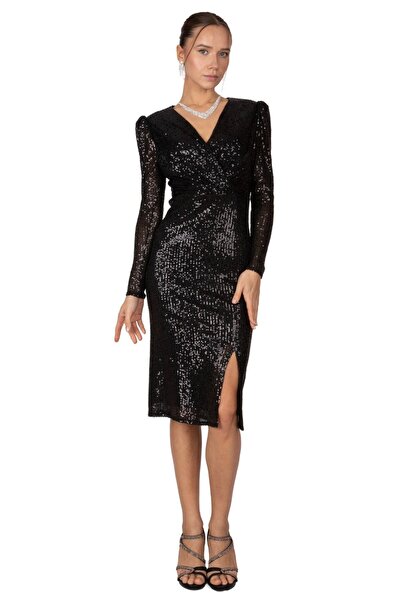 HOX'S Večerní šaty Grace Black Midi Pencil – dlouhé rukávy, flitry, dvouřadý ...