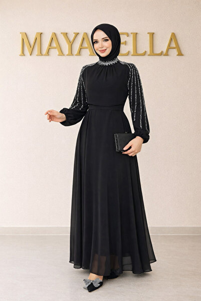 MayaBella Kolları İşlemeli Tesettür Abiye Siyah