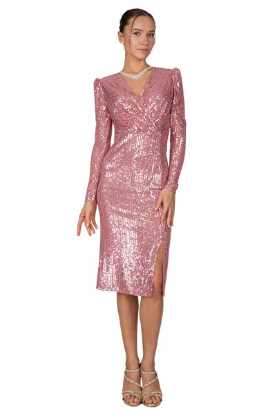 HOX'S Elara | Payetli Uzun Kollu Midi Kalem Abiye Elbise Kruvaze Yaka Önden Y...