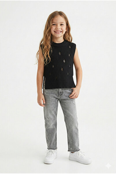 Nimini Kids Cotton Four Seasons Hole Detailed Crew Neck Girls' Sweater