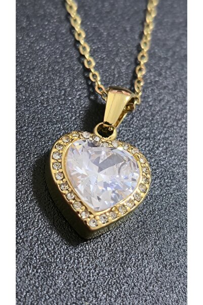 stainles steel Zirkon Taşlı Paslanmaz Çelik Kalp Kolye
