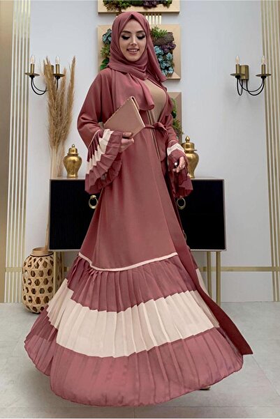 TRENDTESETTÜR KADIN PEMBE (GÜLKURUSU) PİLİSE DETAYLI VOLANLI ABAYA T 4547