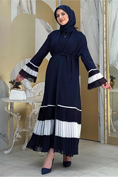 TRENDTESETTÜR KADIN LACİVERT (LACİ-EKRU) PİLİSE DETAYLI VOLANLI ABAYA T 4547