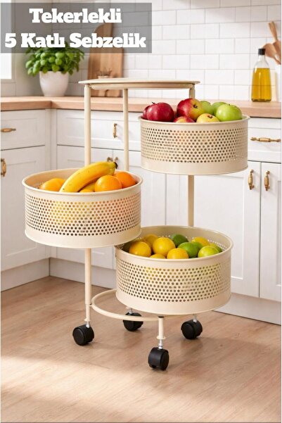 Bayev 3 Katlı Yana Açılır Krem Tekerlekli Patates Soğan Sepeti Sebze Meyve Se...