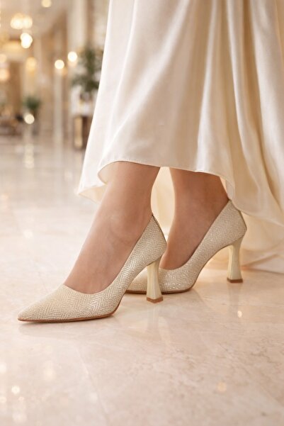 MODAONN Kadın Abiye Simli Sivri Burun Blok Topuklu Ayakkabı