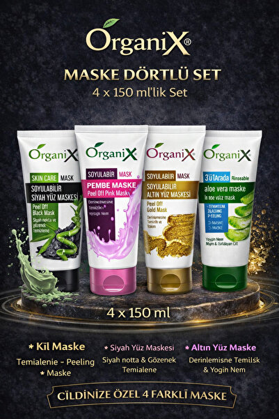 Organix Yüz Maskesi Premium 4'lü Set - Siyah, Pembe, Altın, Aloe Vera (4x150ml)