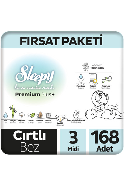 Sleepy Bio Natural Premium Plus Fırsat Paketi Bebek Bezi 3 Numara Midi 168 Adet