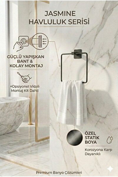Alper Banyo Yapışkanlı Siyah Kare Havluluk | Delmeden Montaj | Modern Banyo H...