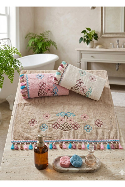 Z&N STYLE Çeyizlik 50x90 Cm. Kanaviçe Çiçek Desenli Püsküllü Kadife Lüks Havl...