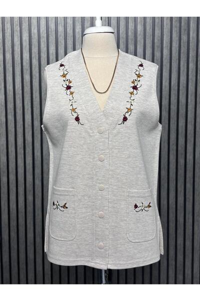 Özenli Triko Ατσάλινο πλεκτό γιλέκο μητέρας με 5 κουμπιά, πολύχρωμο κέντημα λ...