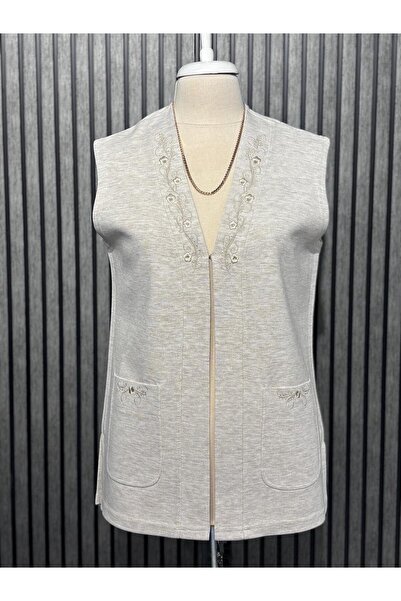 Özenli Triko Сталева в'язана комір з вишивкою Маминий жилет на застібках Екрю