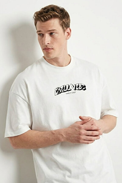 COMBİNE MİCHAİL Men's Chill Printed Oversize Ecru T-Shirt