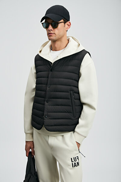 Lufian Soon Kaz Tüyü Palton pufos pentru bărbați, negru