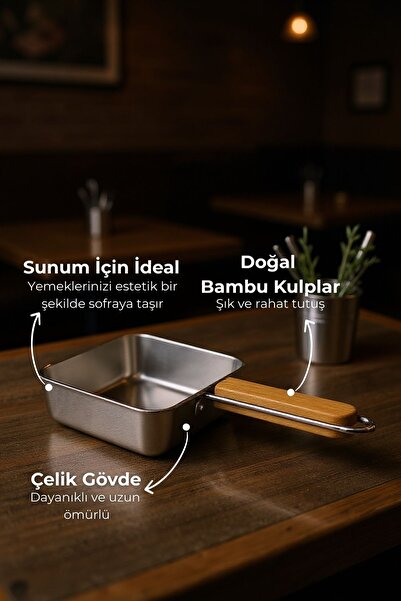 Bambum Cesta Bamboo Handle Steel Presentation Pan Square Small