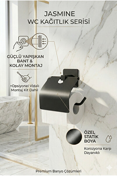 Alper Banyo Lepilni crni kvadratni držač toalet papira sa poklopcem, držač WC...