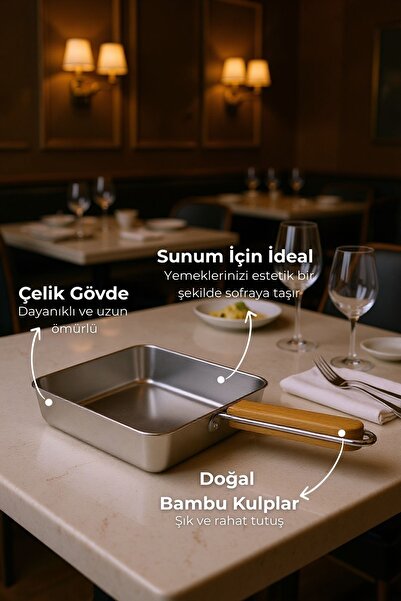 Bambum Cesta Bamboo Handle Steel Presentation Pan Square Medium