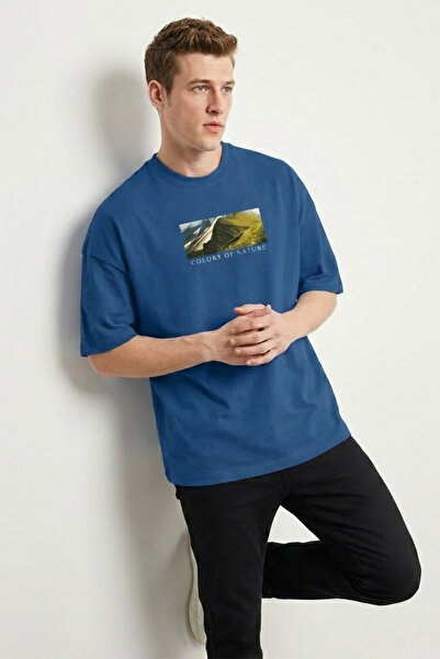 COMBİNE MİCHAİL Muška pejzažna Štampano Oversize kroj plava majica