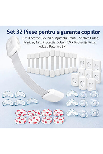 QuTek Set 32 piese pentru siguranta copiilor, 10xBlocator Sertar, 12xProtecti...