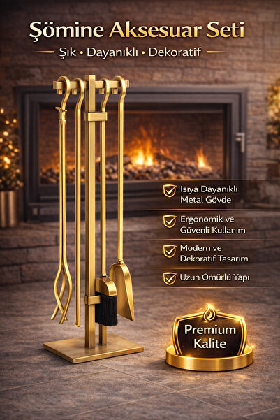 SOMINECO 5 Li Lüx Ithal Antik Gold Patinalı Şömine-soba Maşa Takımı Aksesuar ...