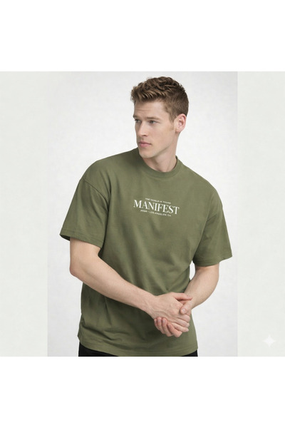 COMBİNE MİCHAİL تي شيرت رجالي مطبوع عليه مانيفست بلون كاكي كبير الحجم