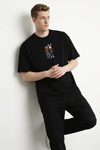 COMBİNE MİCHAİL Мъжка черна тениска с принт на мечка и заек
