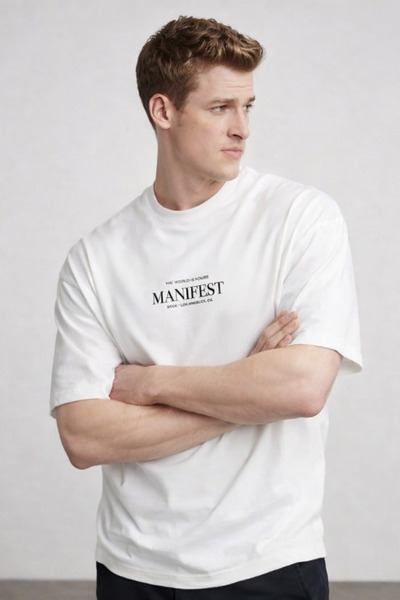 COMBİNE MİCHAİL Erkek Manifest Baskılı Oversize Ekru Tişört