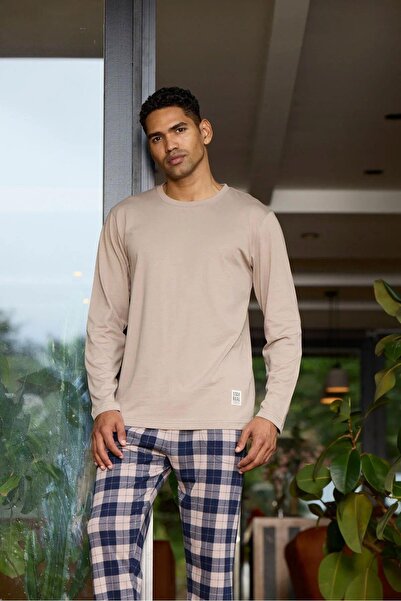 KLY 6028 Ανδρικό καρό μακρυμάνικο κοστούμι πιτζάμα με λαιμόκοψη