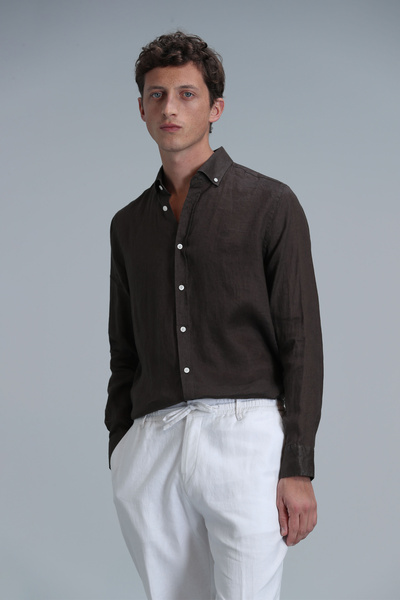 Lufian Pitaya Erkek Keten Gömlek Comfort Fit Kahverengi