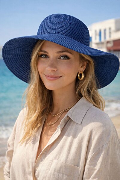 BALIENTE Γυναικείο καπέλο από ψάθινο υλικό σε μπλε βενζίνη, φαρδύ στρογγυλό σ...