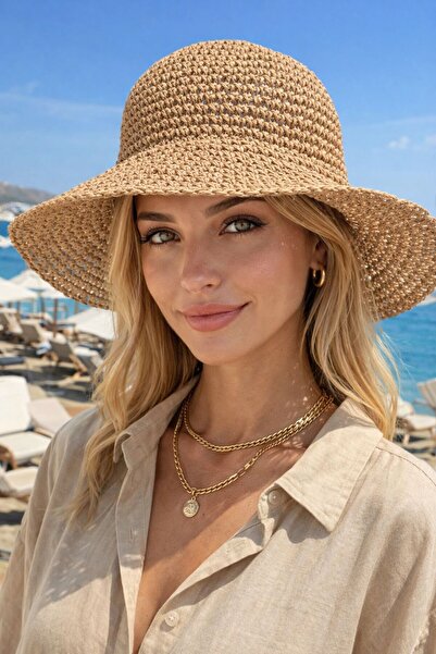 FELLMENS Pălărie de damă cu găleată din paie tricotată Camel