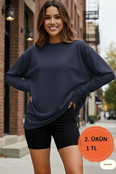 Le Touche Kadın Lacivert Relax Fit Rahat Kesim %100 Pamuk Uzun Kollu Bisiklet...