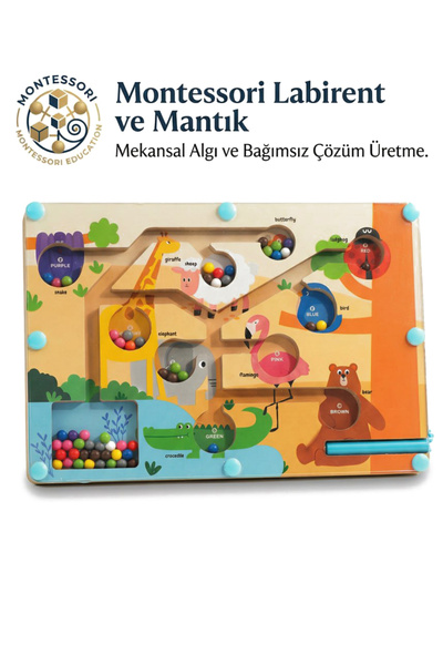 BBSKY Montessori Manyetik Ahşap Hayvanlar Labirenti 3+ Yaş Eğitici Renk Eşleş...