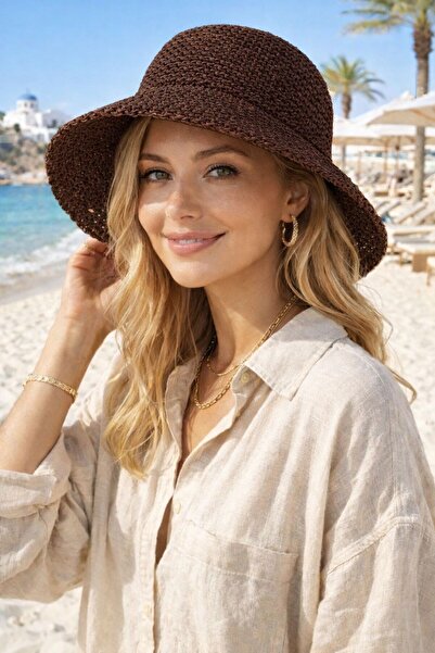 FELLMENS Καφέ Πλεκτό Ψάθινο Γυναικείο Καπέλο Bucket