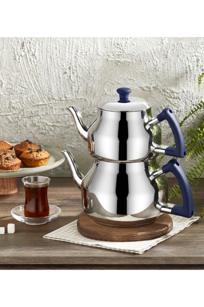 Özkent Marmaris Mavi Çaydanlık Takımı Mega Büyük Boy Süzgeçli