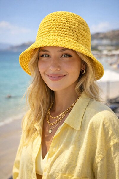 BALIENTE Ženski slamnati šešir - žuti, ručno pleteni