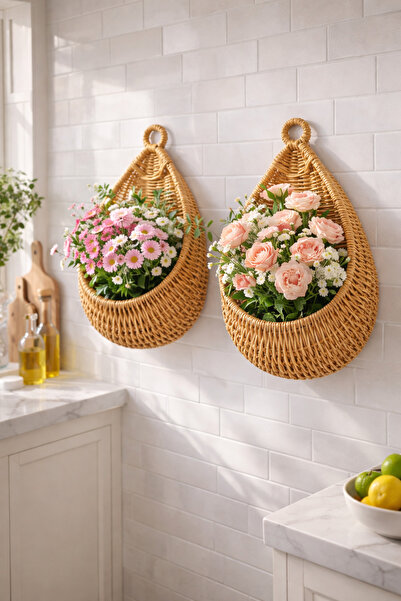 Emsay Store 2'li Askılı Hasır Meyve Sepeti – Çiçek Sepeti- Doğal Mutfak Organ...