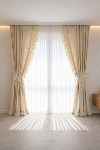 MZN Home 2 Kenar Fırfırlı Vintage Bej Keten Perde - Korniş/Halkalı, %100 Doğa...