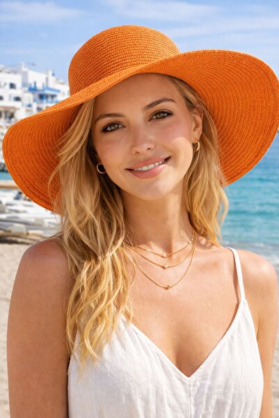 MARBERRY Narandžasti široki okrugli slamnati ženski šešir