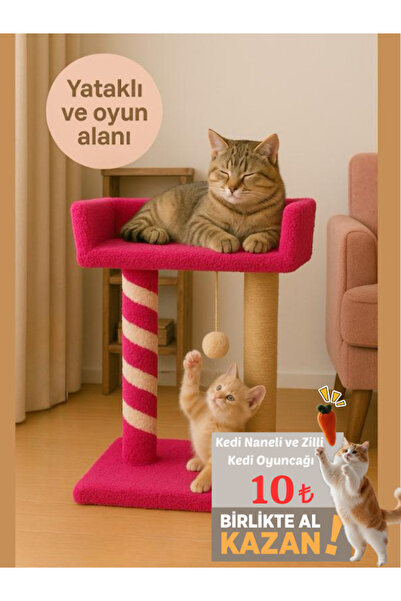 Komano Pontika 2 Katlı Yataklı ve Oyun Alanlı Peluş Dokulu Yumuşacık Kedi Tır...