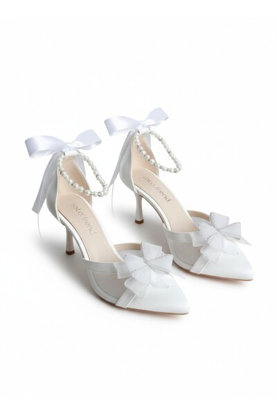 Famels Pantofi cu toc mic, cu perle și cu fundă, cu cască, pantofi de seară, ...