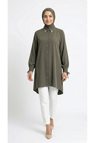 MİHRA STORE Özden Μακρύ Τουνίκ με Πέτρες στο Λαιμό-ZN2090 Χακί