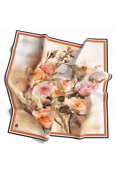 VİOLLA Rayon Çiçek Desenli Taba Renkli 90x90 Eşarp (İpek İçermez) Kenar Dikiş...