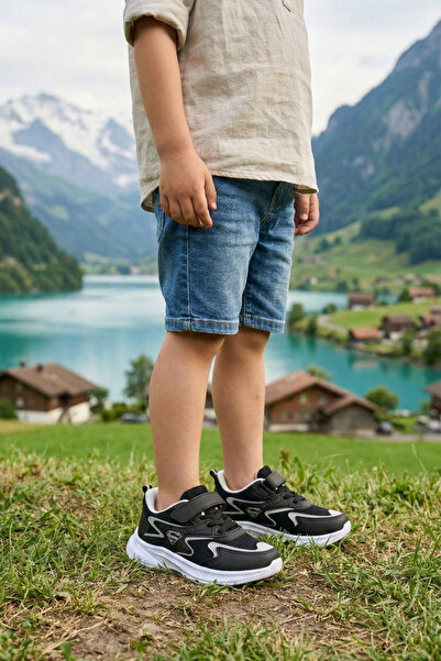 BOUIS Pantofi sport pentru copii, negri, cu șireturi, cu un singur velcro, fl...