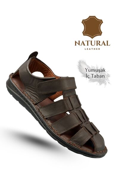 sermoda %100 Hakiki Deri Burnu Kapalı Erkek Sandalet Kahve