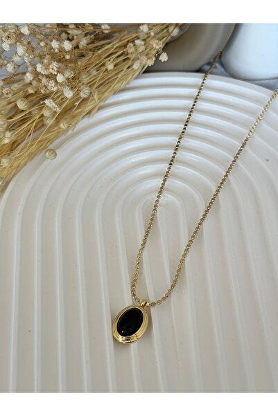 Bade Jewelry Vip Gold Kararmaz Çelik Yuvarlak Ezme Zincirli Siyah Madalyon Ko...