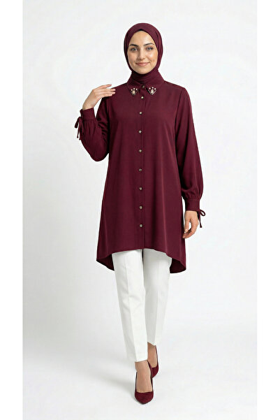 MİHRA STORE Özden Μακρύ Τουνίκ με Πέτρες στο Λαιμό-ZN2090 Βουργουνδίας