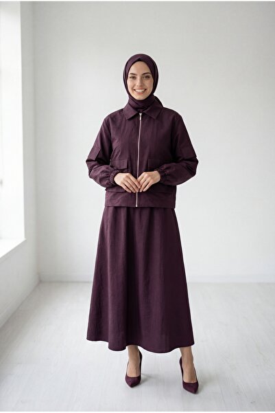 MİHRA STORE Anife Zippered Skirt with Bellows Detail on the Front Cupra Set-M...