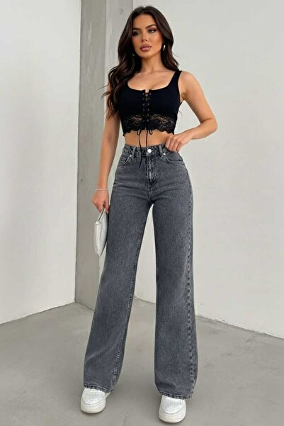 LİMABEL Alaz Power Likralı Kadın Füme Kar Süper Yüksek Bel Salaş Paça Jeans K...